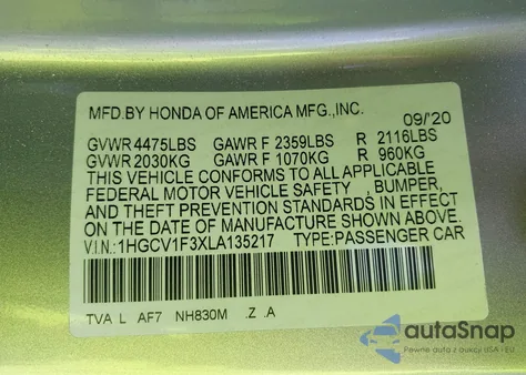 2020 Honda Accord Sport from USA, damaged, VIN 1HGCV1F3XLA135217